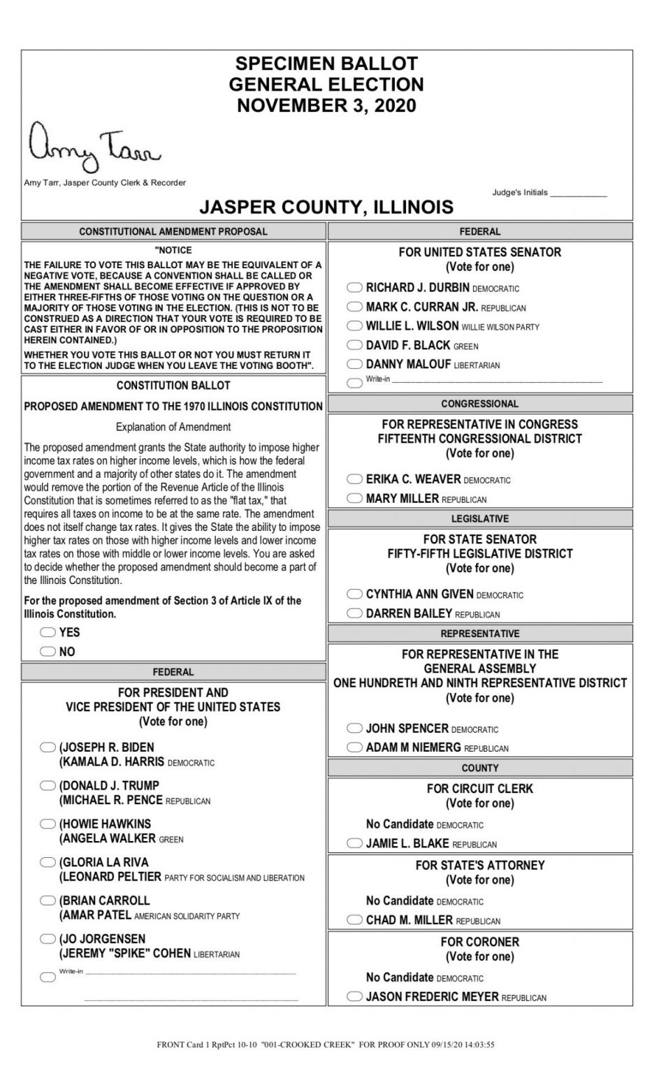 The Jasper County General Election Specimen Ballot Jasper County